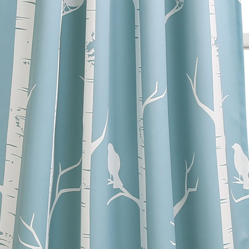 Blue Polyester Bird Print Room Darkening Curtains