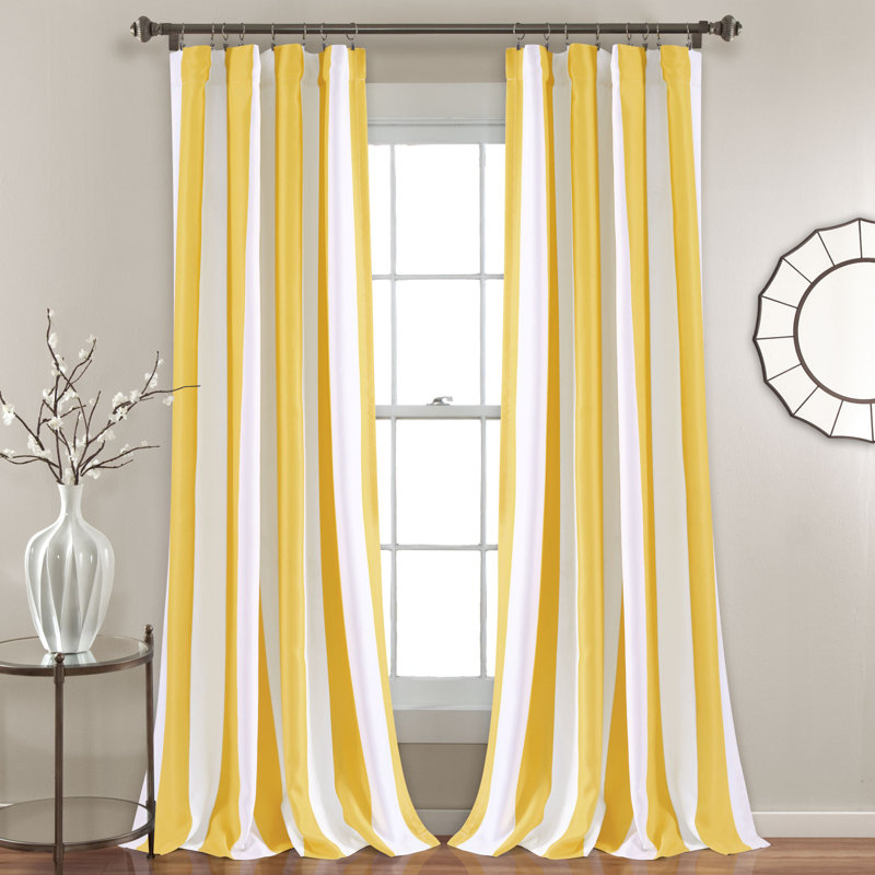 Lemon Yellow Stripe Blackout Polyester Wide Drapes, 2-Piece