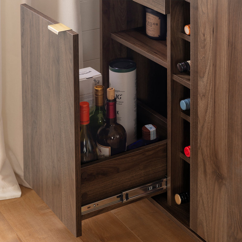 Scandi-Chic Glam Walnut Buffet with Wine Storage and Marble Accents