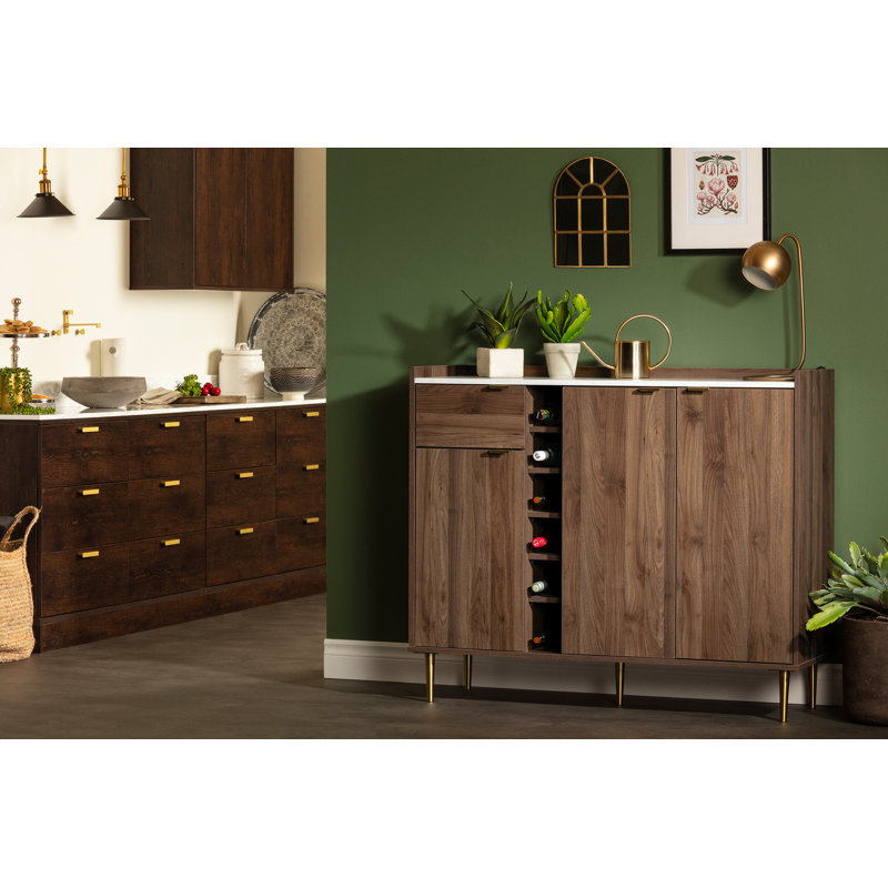 Scandi-Chic Glam Walnut Buffet with Wine Storage and Marble Accents
