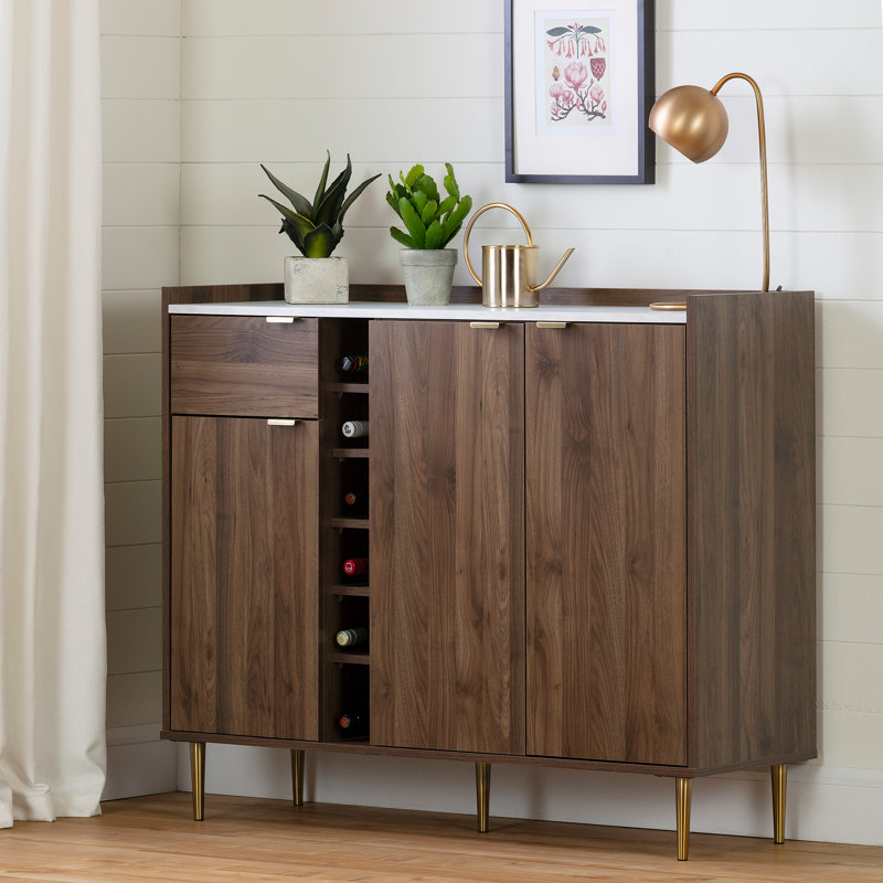 Scandi-Chic Glam Walnut Buffet with Wine Storage and Marble Accents