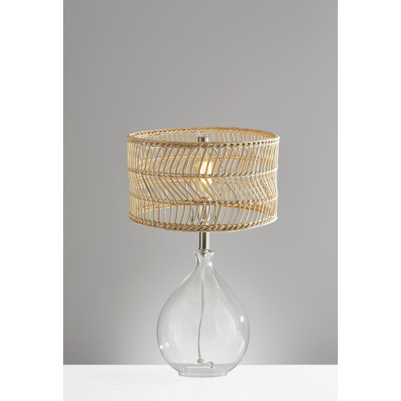 Teardrop Clear Glass and Brushed Steel Table Lamp with Rattan Shade