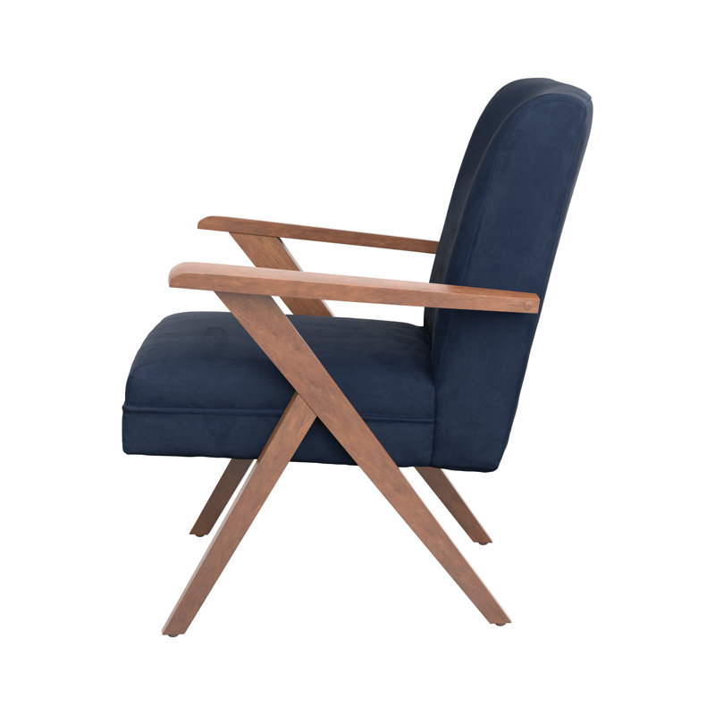 Transitional Dark Blue Velvet Accent Chair with Walnut Arms