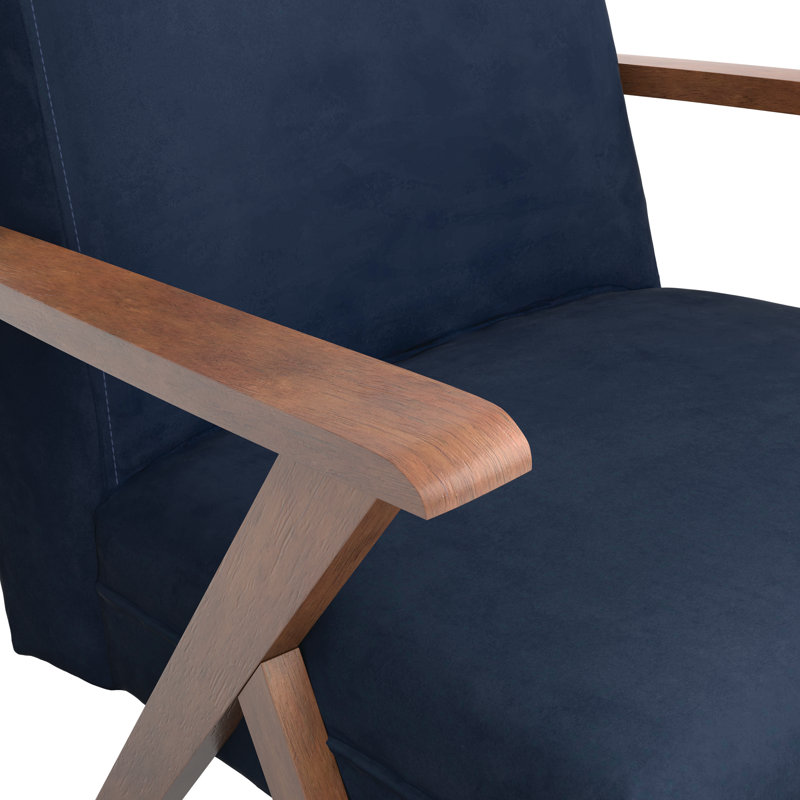 Transitional Dark Blue Velvet Accent Chair with Walnut Arms