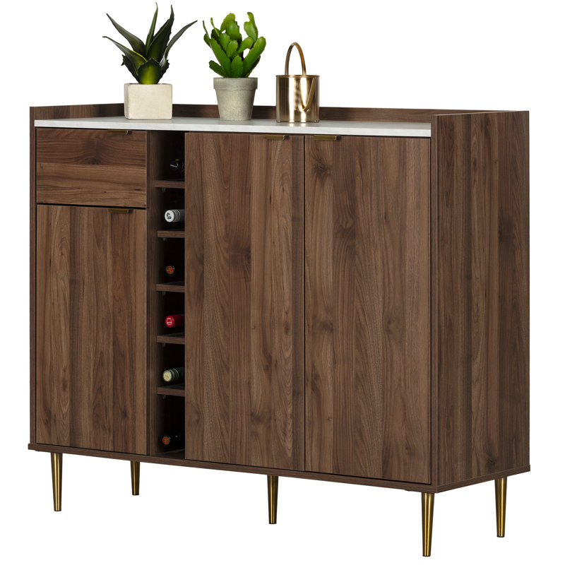 Scandi-Chic Glam Walnut Buffet with Wine Storage and Marble Accents