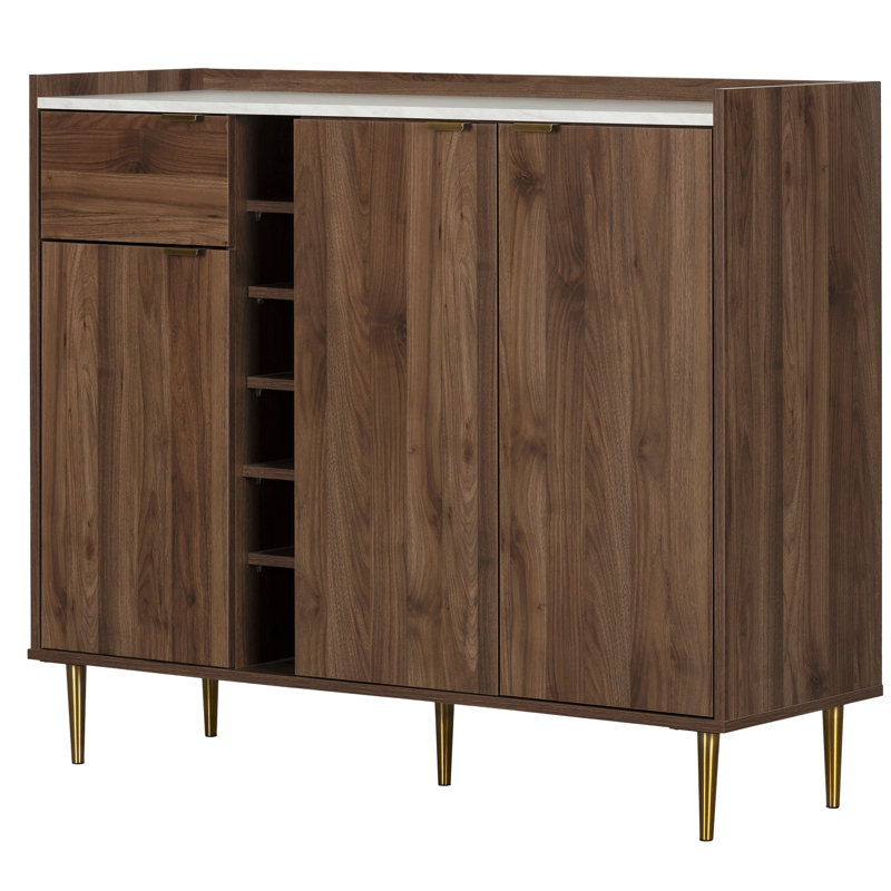 Scandi-Chic Glam Walnut Buffet with Wine Storage and Marble Accents