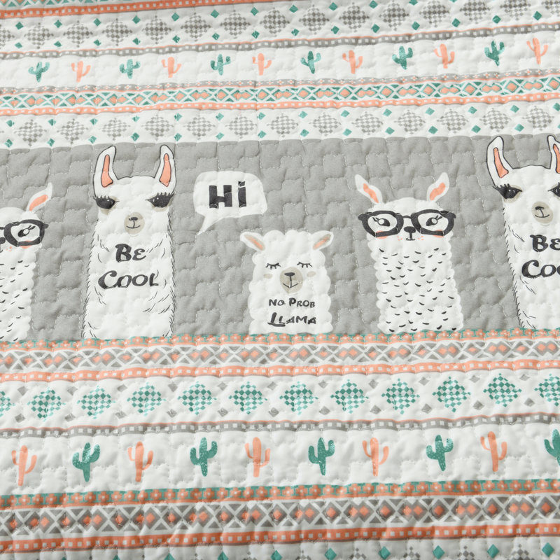 Turquoise and Pink Reversible Llama Quilt Set for Kids