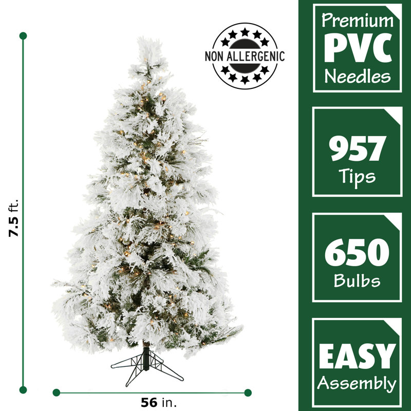 7.5-Foot Snowy Pine Flocked Christmas Tree with Warm White LED Lights