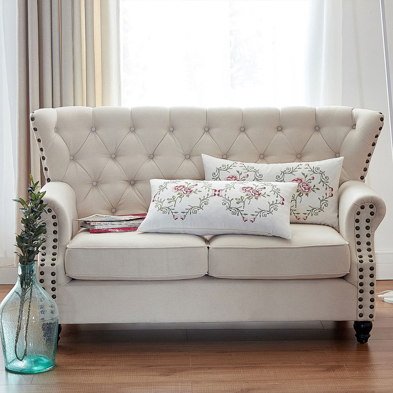 Light Pink Rose Embroidered Lumbar Pillow Cover Set