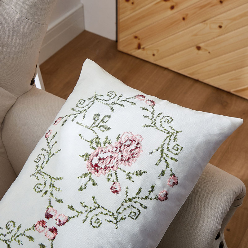 Light Pink Rose Embroidered Lumbar Pillow Cover Set