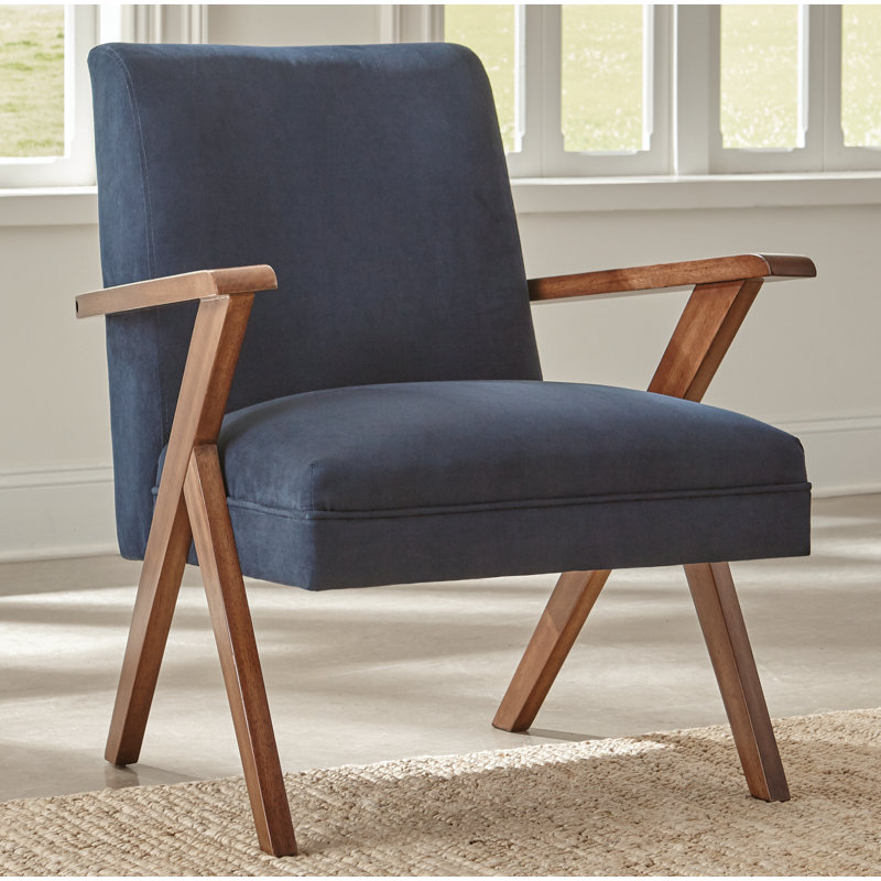 Transitional Dark Blue Velvet Accent Chair with Walnut Arms