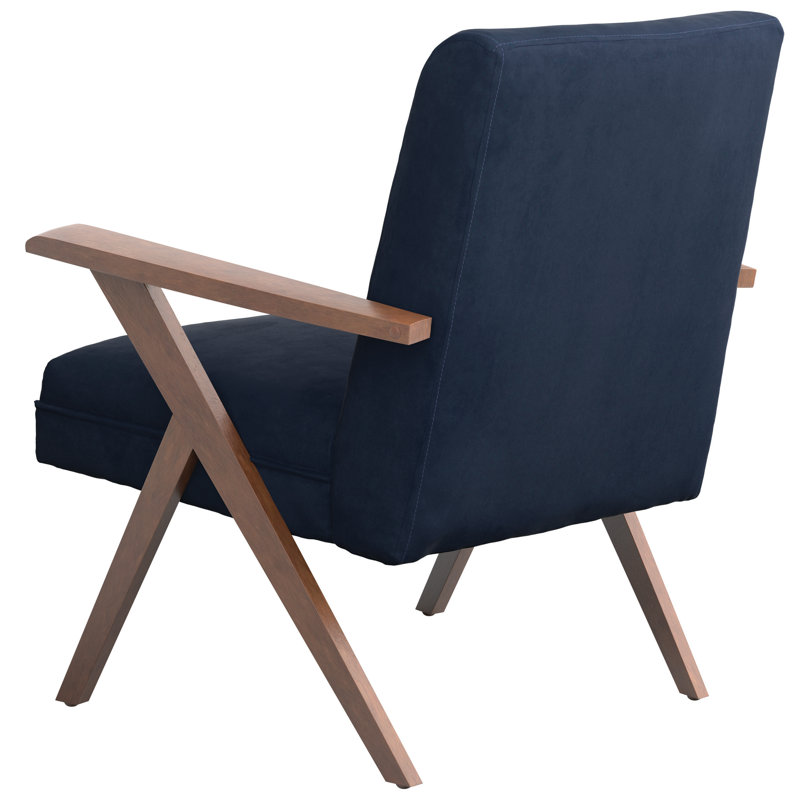 Transitional Dark Blue Velvet Accent Chair with Walnut Arms