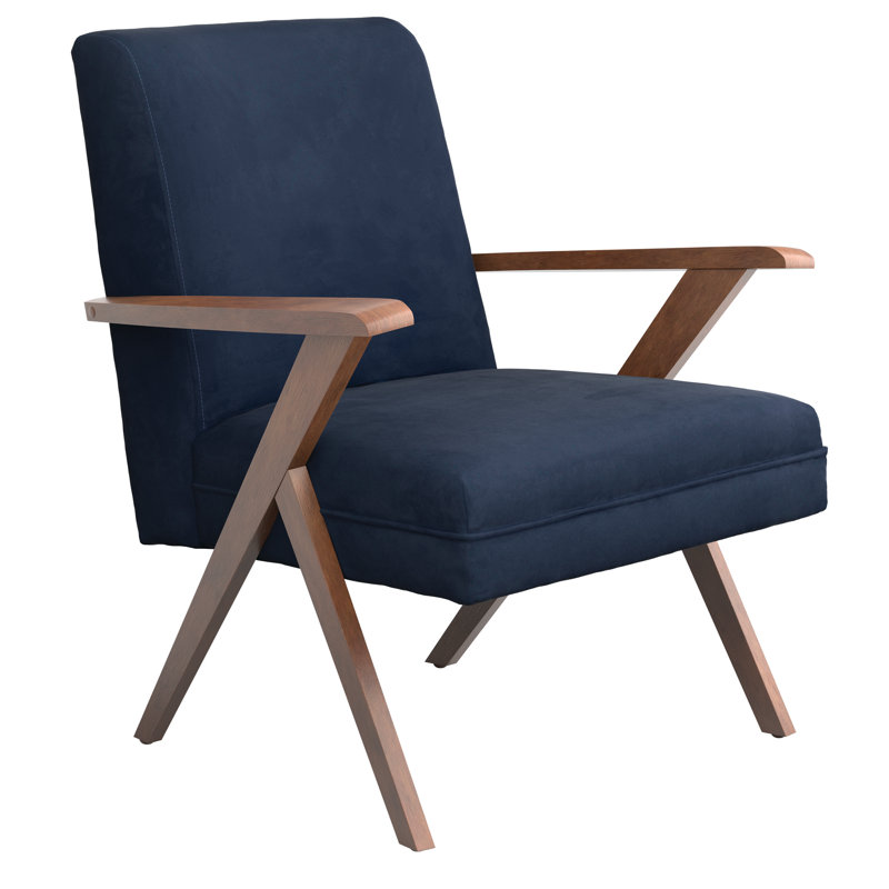 Transitional Dark Blue Velvet Accent Chair with Walnut Arms