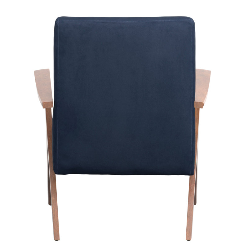 Transitional Dark Blue Velvet Accent Chair with Walnut Arms