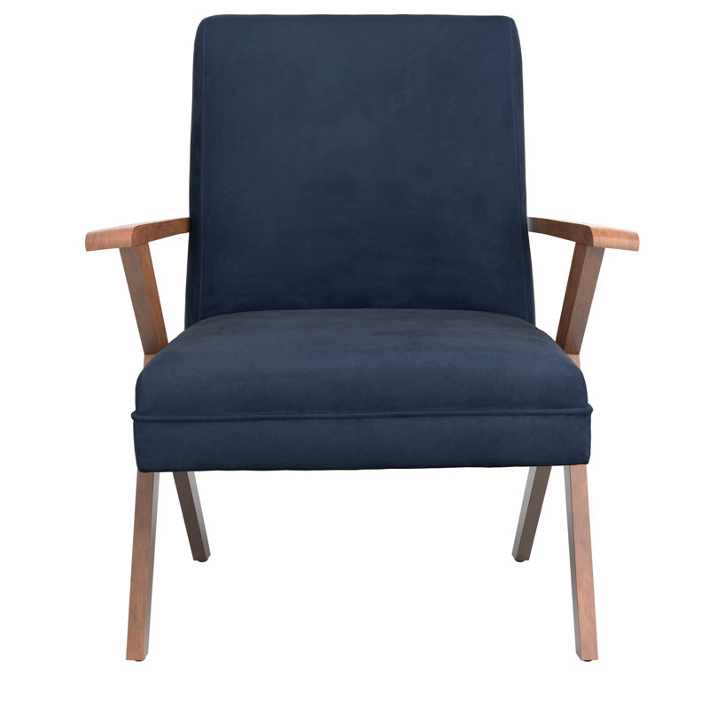 Transitional Dark Blue Velvet Accent Chair with Walnut Arms