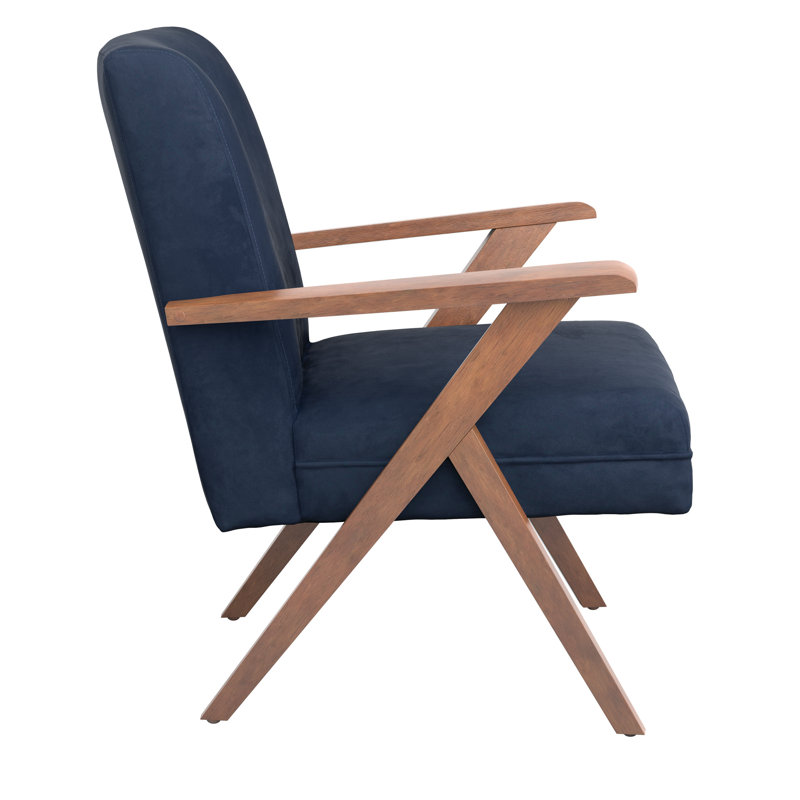 Transitional Dark Blue Velvet Accent Chair with Walnut Arms