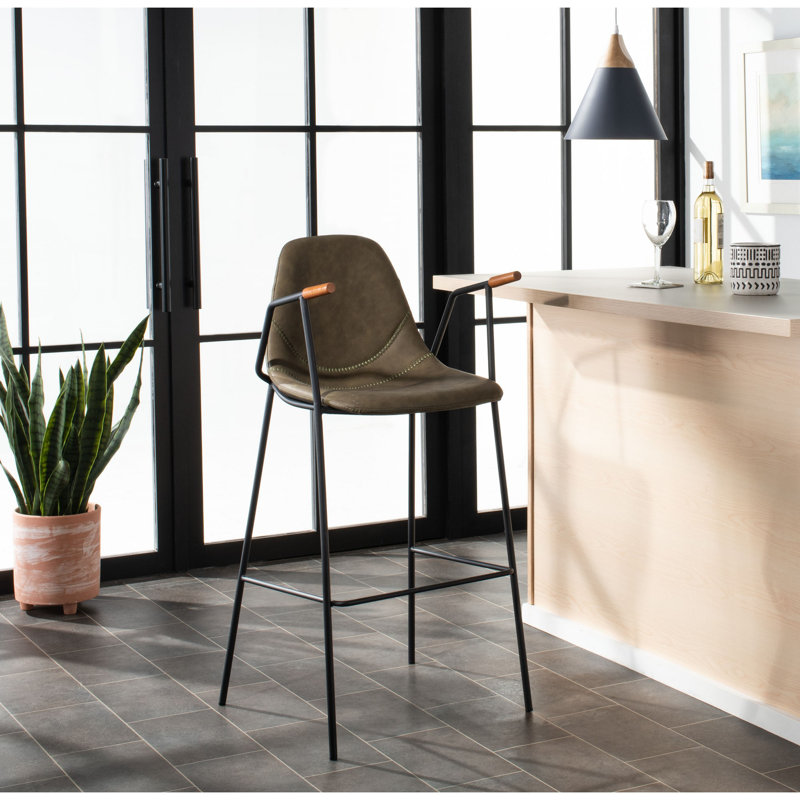 Tanner Transitional Olive Leather Bar Stool with Metal Frame