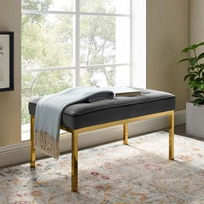 Mid-Century Modern Teal Performance Velvet Bench with Gold Stainless Steel Legs