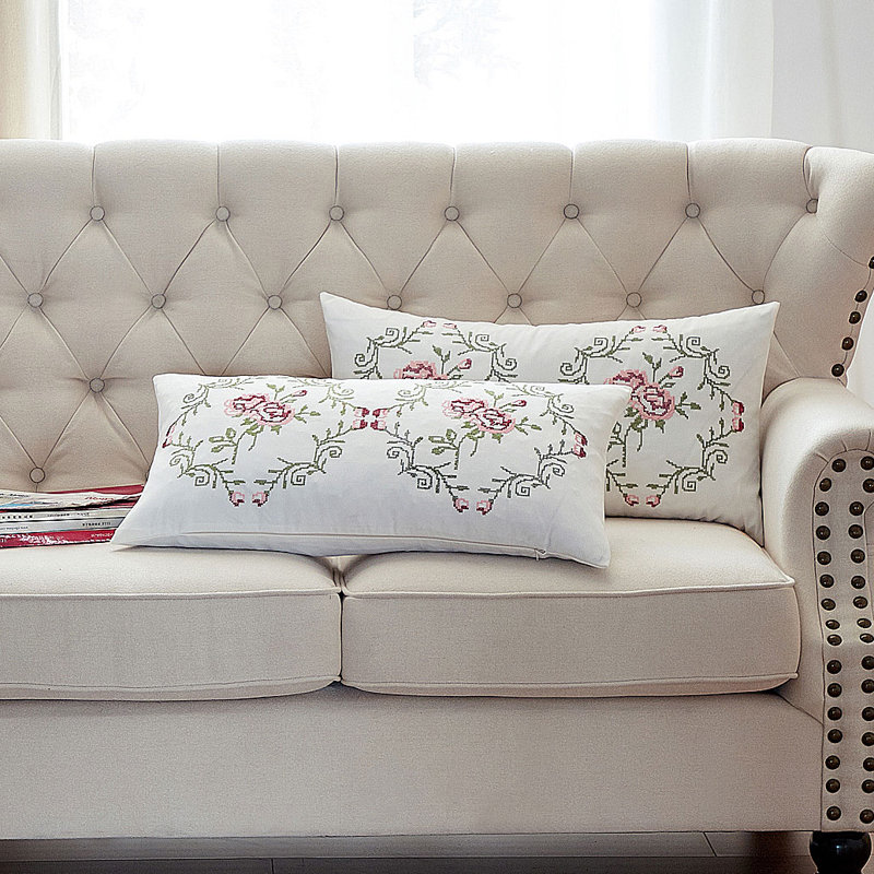 Light Pink Rose Embroidered Lumbar Pillow Cover Set
