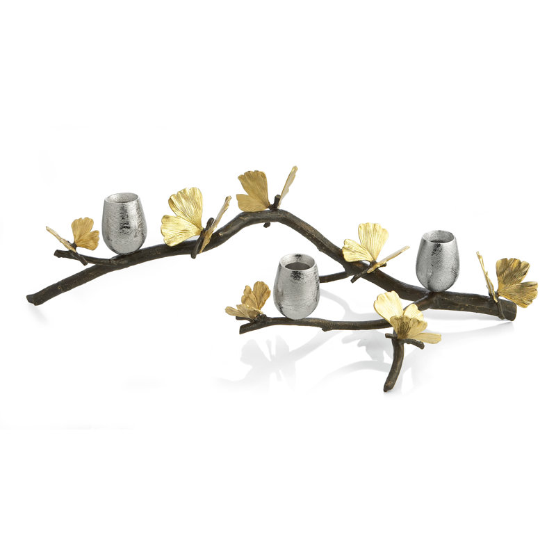 Butterfly Ginkgo Branch Brass and Nickel Candleholder