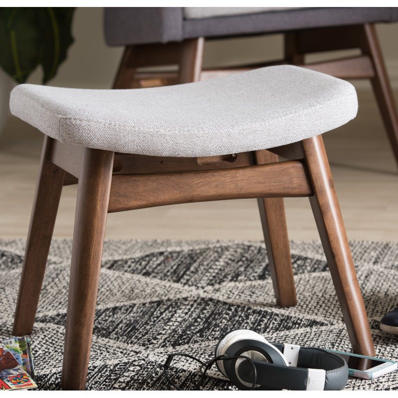 Vera Light Gray Polyester & Walnut Brown Mid-Century Ottoman