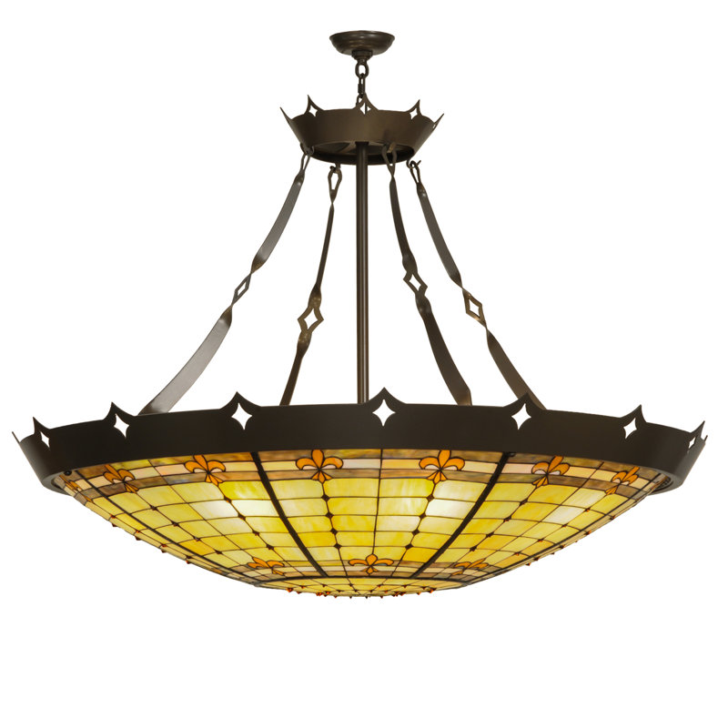 Elegant Fleur-de-Lite 10-Light Amber Glass & Timeless Bronze Pendant