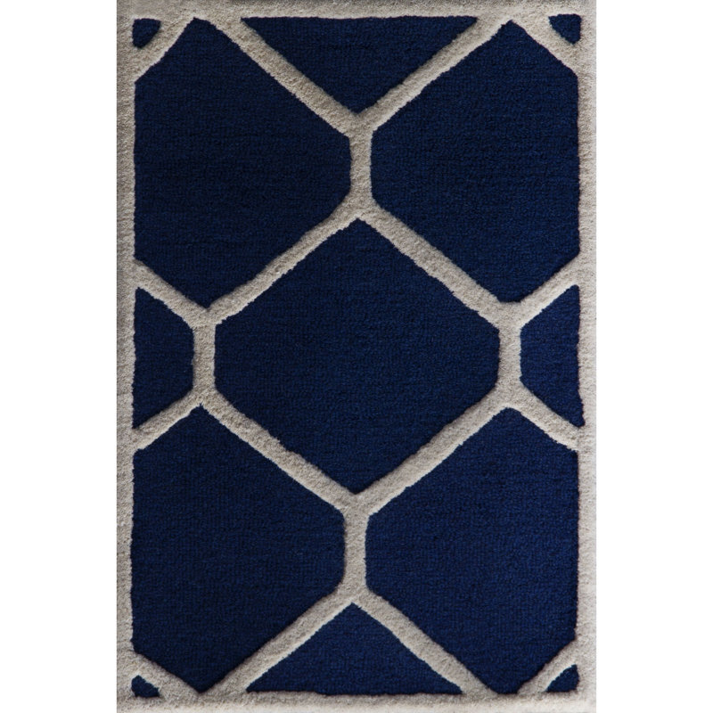 Navy Blue & Ivory Wool 4'x6' Hand-Tufted Geometric Rug