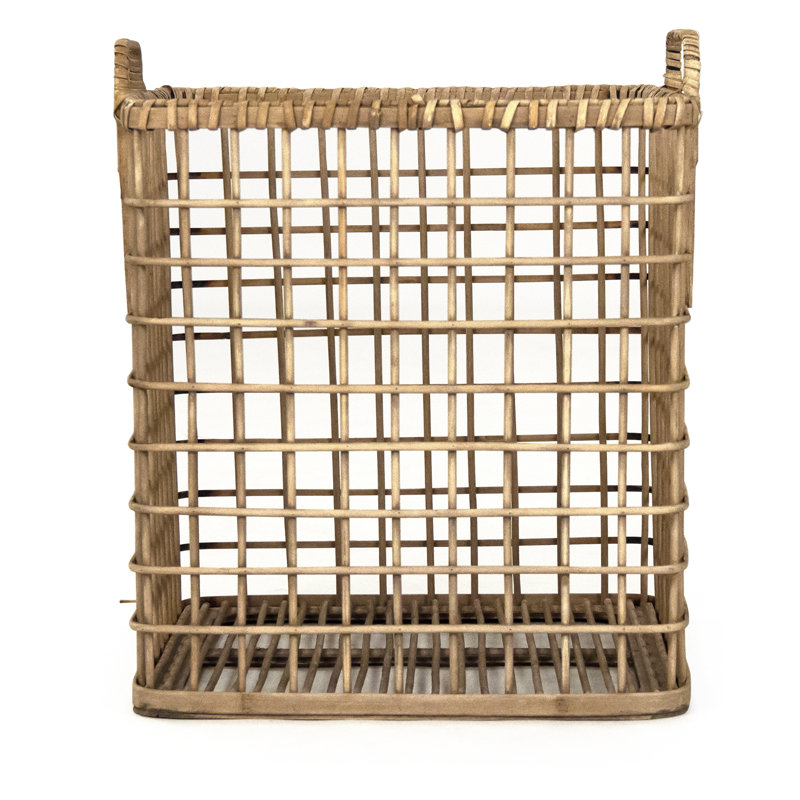 Checkered Tan Solid Wood Large Storage Basket