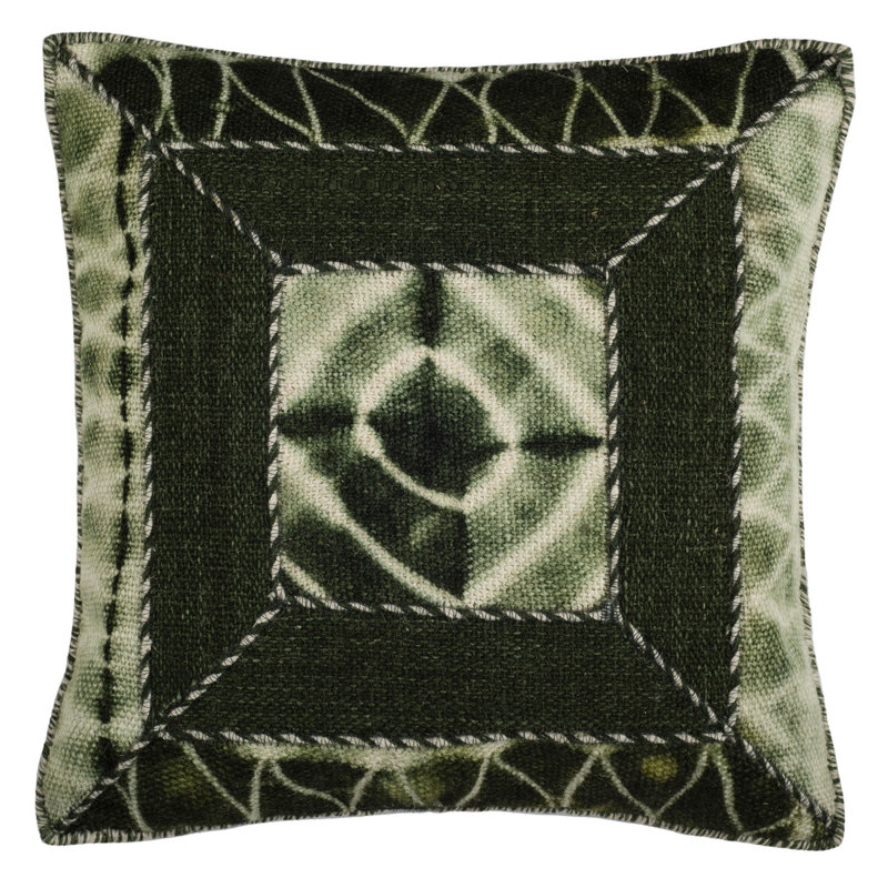Green Embroidered Wool and Cotton Ikat Square Pillow Set