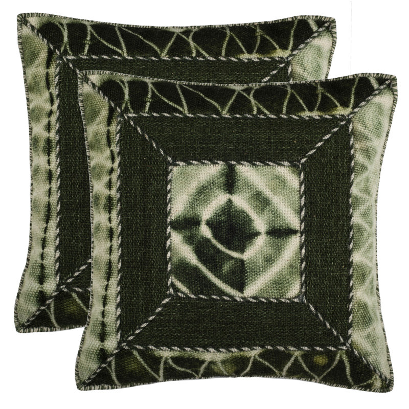 Green Embroidered Wool and Cotton Ikat Square Pillow Set