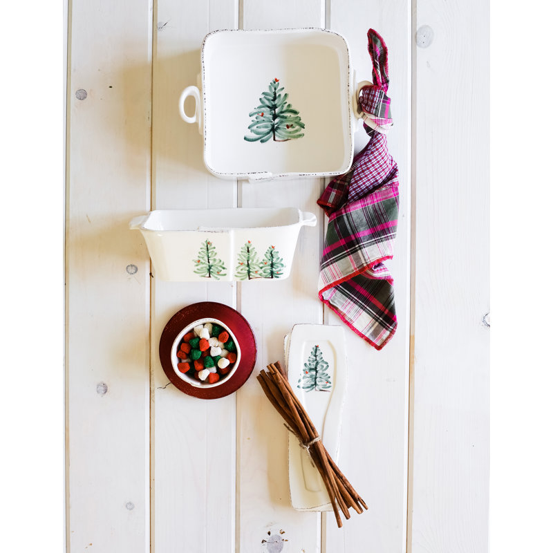 Lastra Holiday White Ceramic Spoon Rest with Fir Tree Design