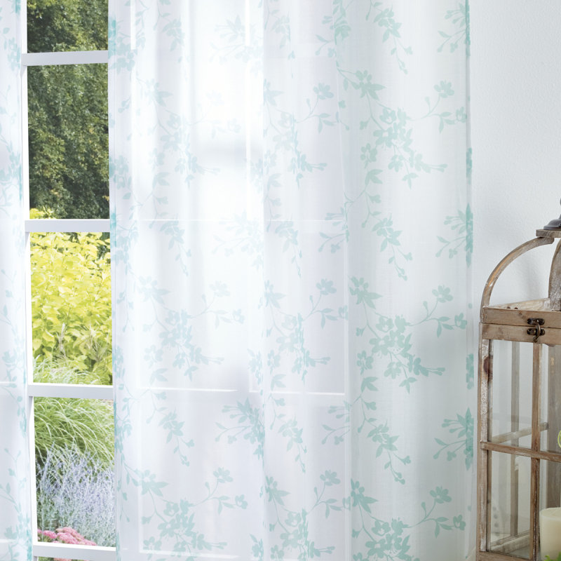 Aqua Floral Sheer Rod Pocket Curtain Panels, 95"