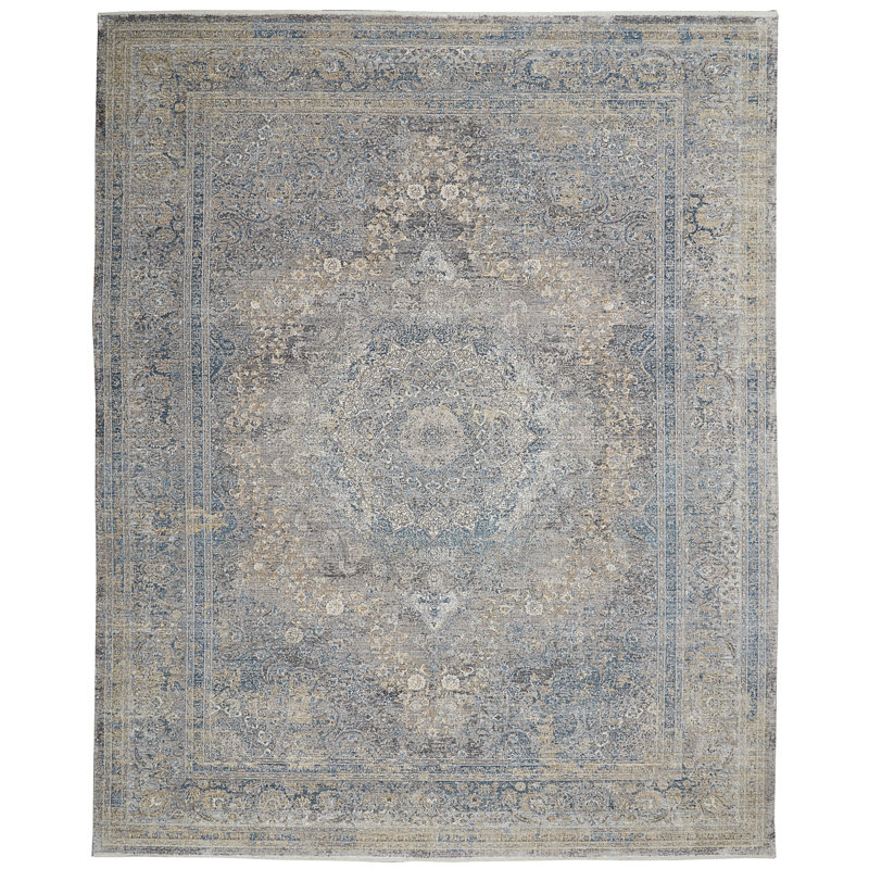 Elysian Blue and Cream Persian-Inspired 8'6" x 11'6" Viscose Rug