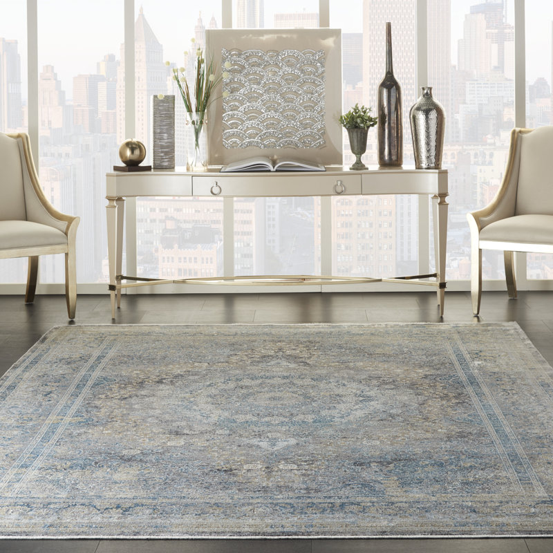 Elysian Blue and Cream Persian-Inspired 8'6" x 11'6" Viscose Rug