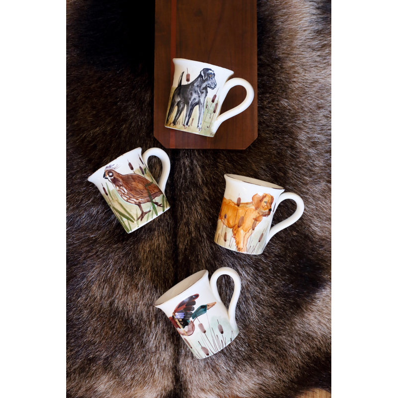 Handpainted White Ceramic Winter Mug with Hunting Dog Design