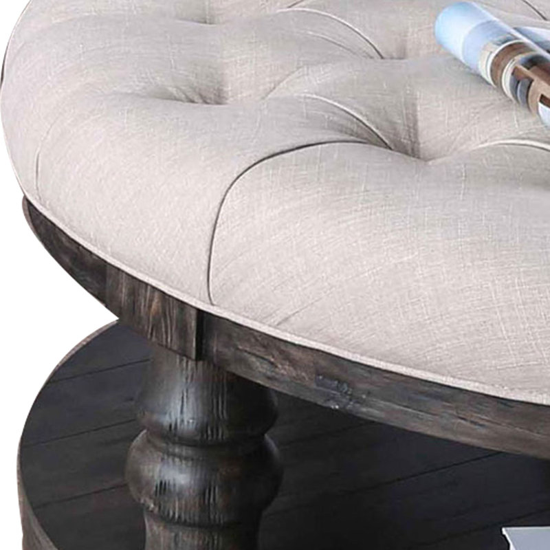 Rustic Elegance 48" Round Tufted Wooden Coffee Table with Open Shelf