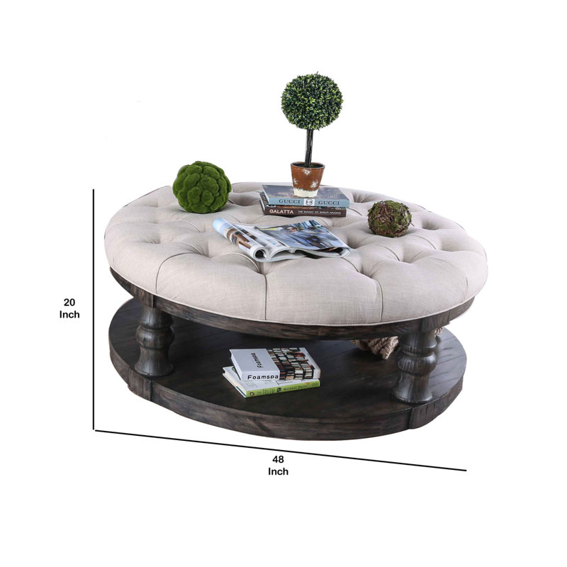 Rustic Elegance 48" Round Tufted Wooden Coffee Table with Open Shelf