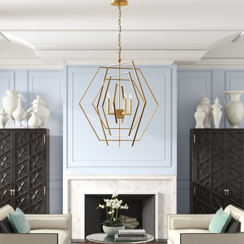 Antique Gold-Leaf Brass Hexagon 4-Light Chandelier