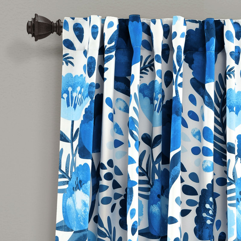 Blue Floral Polyester Room Darkening Curtain Panels