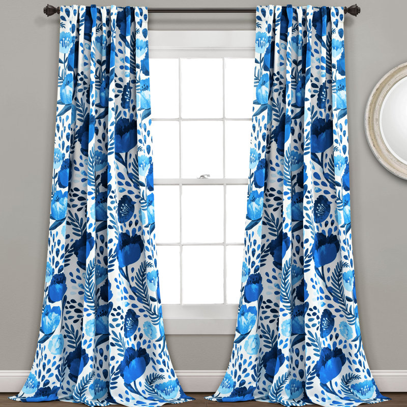 Blue Floral Polyester Room Darkening Curtain Panels