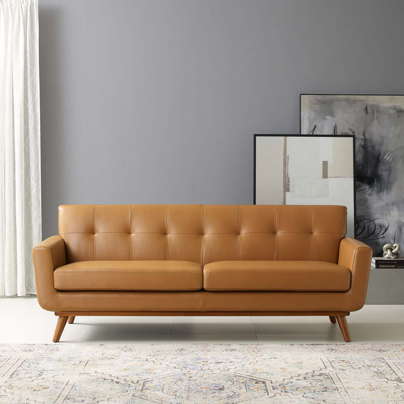 Tan Genuine Leather Tufted Sofa with Wood Legs