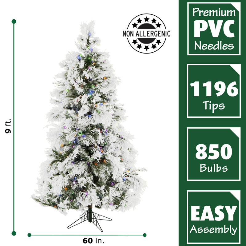 9 ft Snowy Pine Flocked Artificial Christmas Tree with Multi-Color LED Lights