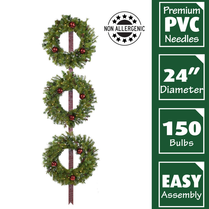 24-Inch Holly Berry Artificial Christmas Wreath Trio with Red Ribbon and LED Lights