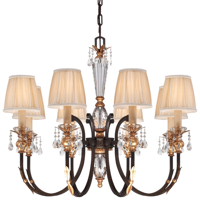 French Bronze and Gold 8-Light Crystal Chandelier with Fabric Shades
