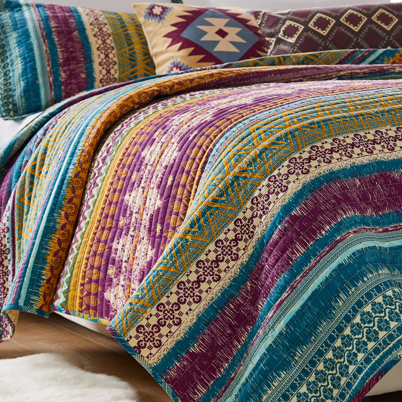 Blue Full Cotton Reversible Quilt Set