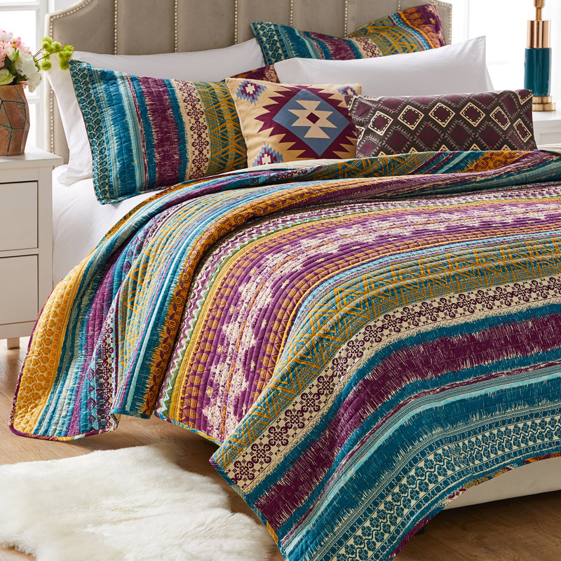Blue Full Cotton Reversible Quilt Set