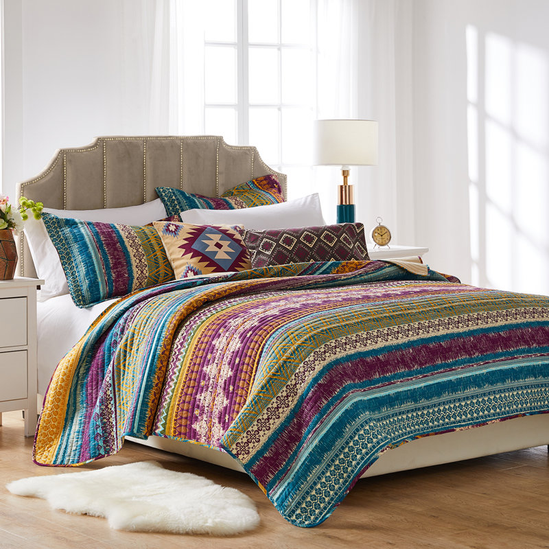 Blue Full Cotton Reversible Quilt Set
