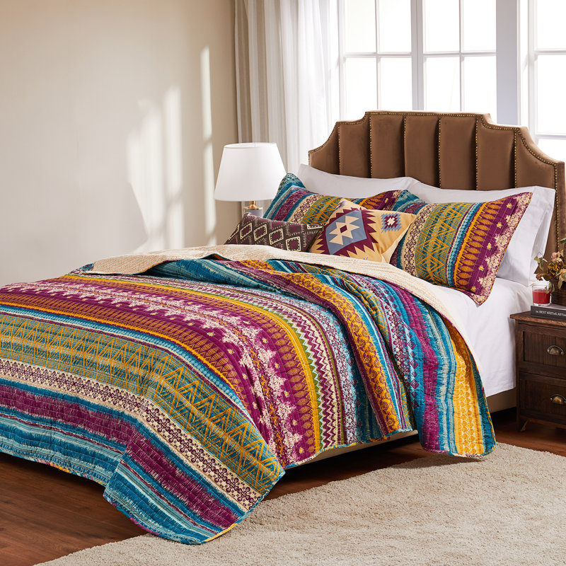 Blue Full Cotton Reversible Quilt Set
