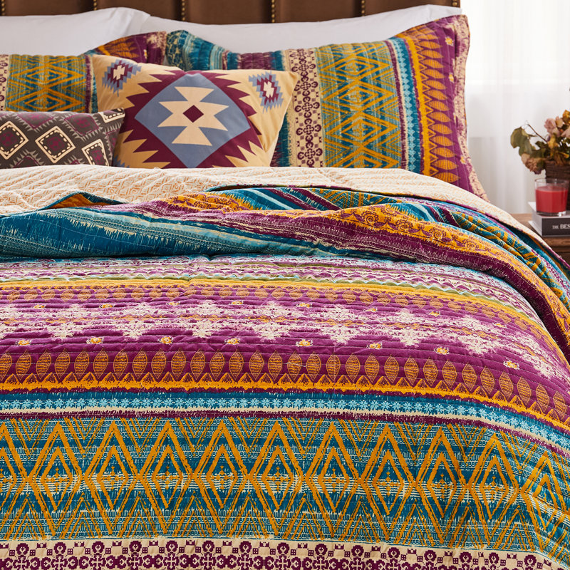 Blue Full Cotton Reversible Quilt Set