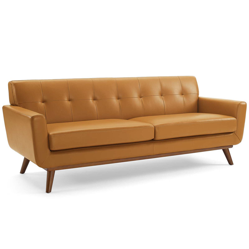 Tan Genuine Leather Tufted Sofa with Wood Legs